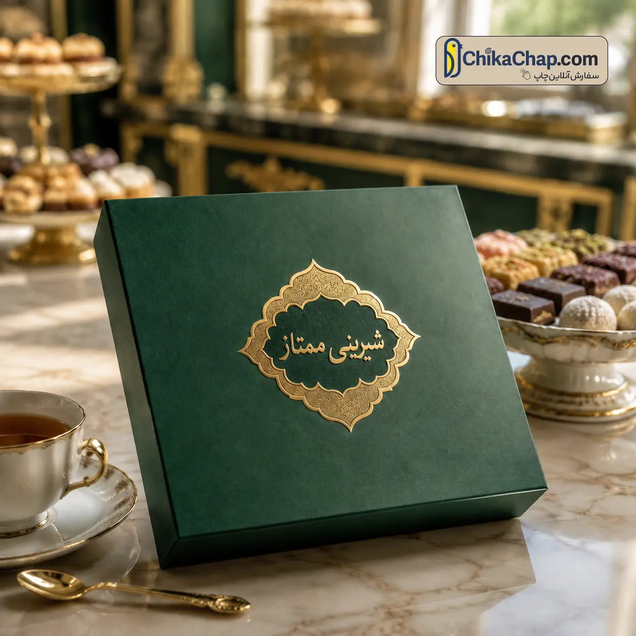 برچسب لوگو برای جعبه شیرینی با استیکر با برش اختصاصی و زمینه طلایی متالیک